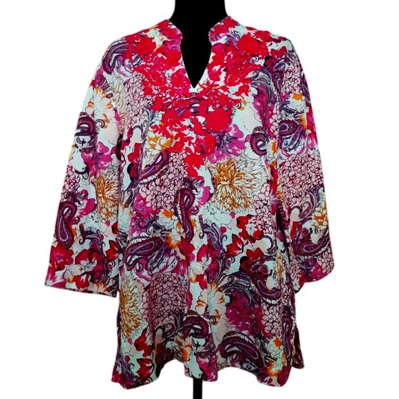 Charter Club Tops - Charter Club Linen Paisley Floral Embroidered Tunic Blouse Large